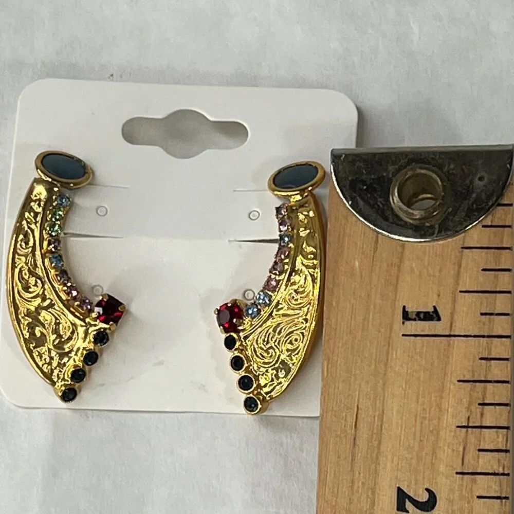 Gold Tone Statement Earrings W/ Multicolor Gemstones & Intricate Design